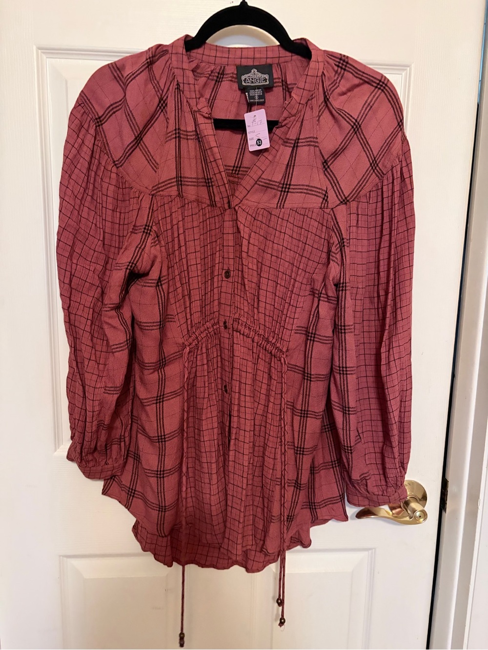 Angie Mauve & Black Plaid Button-Front Peasant Top.